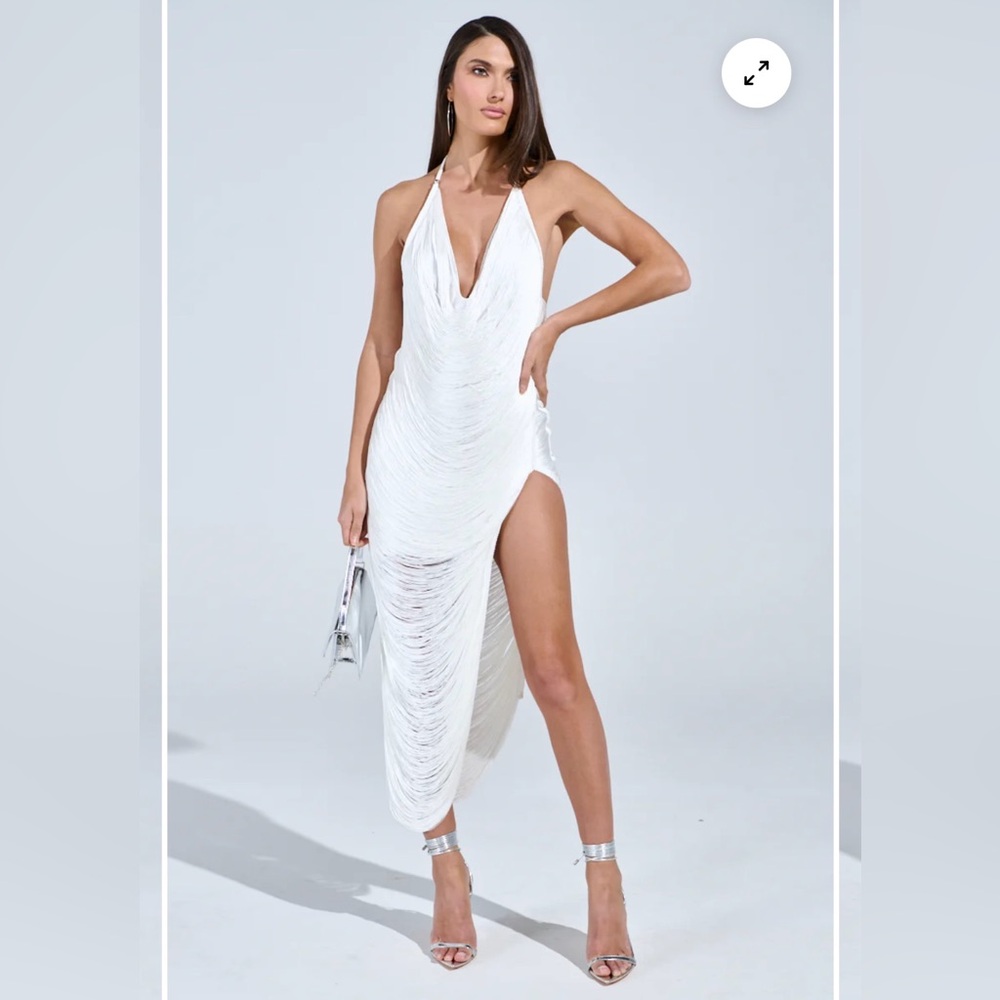 Elegant White Fringed Halter Maxi Dress